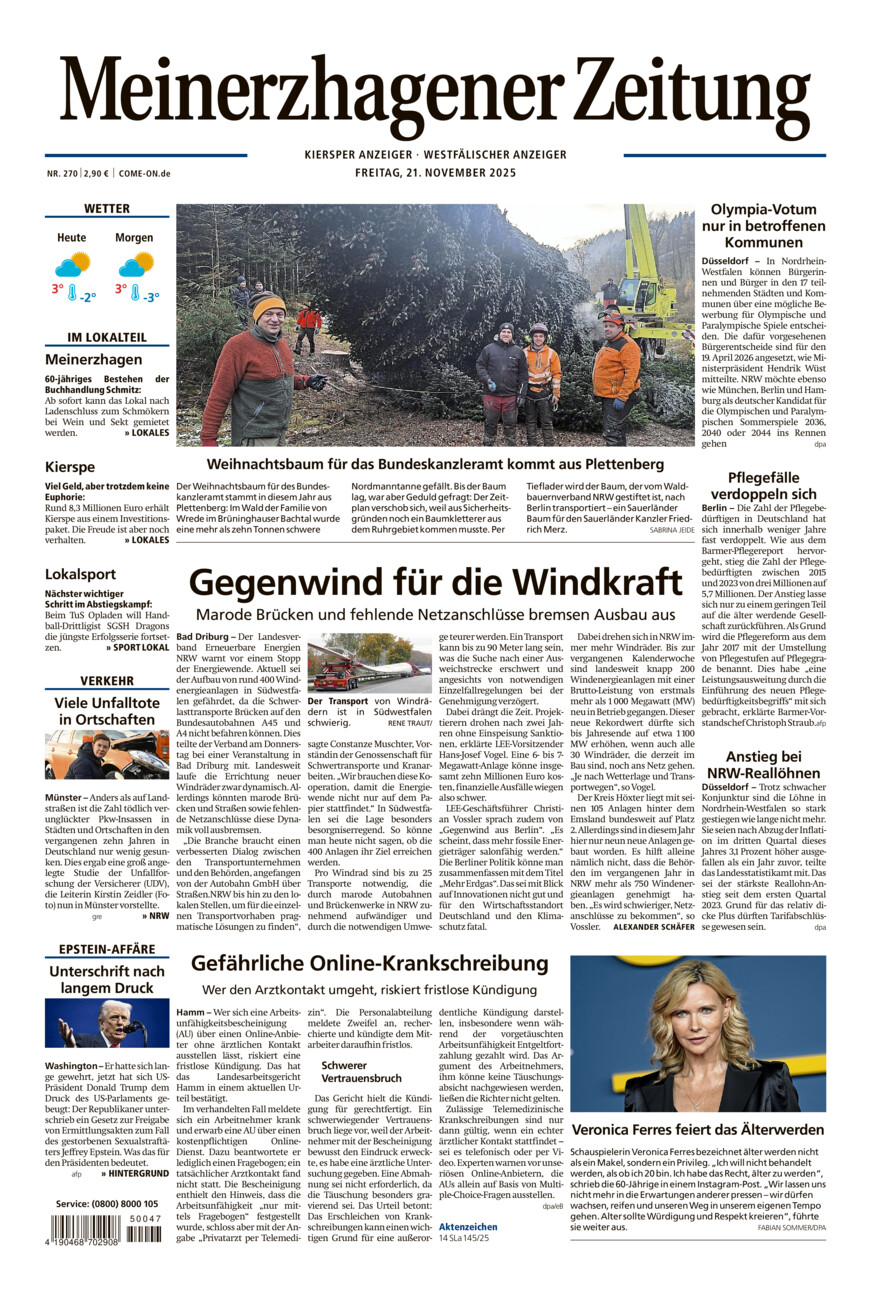 Meinerzhagener Zeitung vom Freitag, 21.11.2025