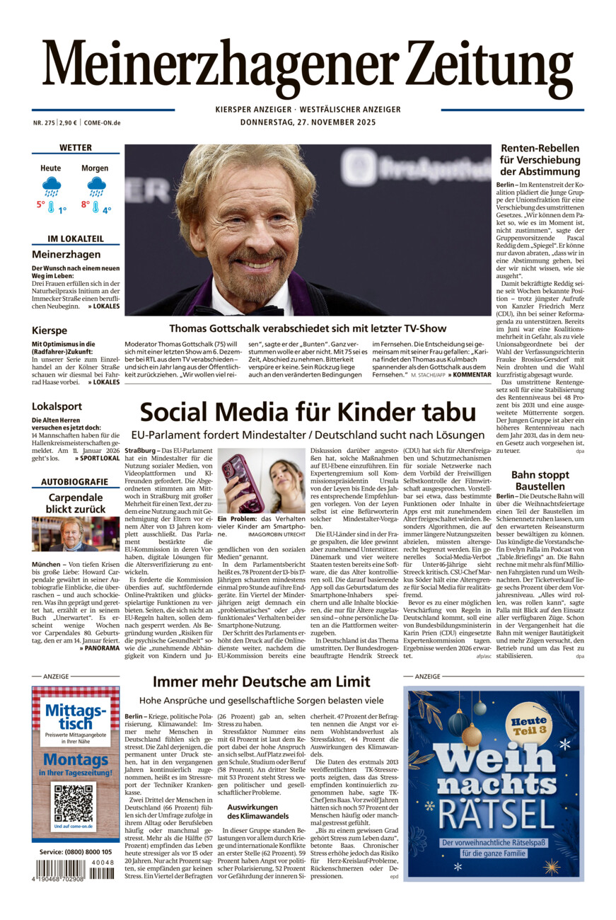 Meinerzhagener Zeitung vom Donnerstag, 27.11.2025
