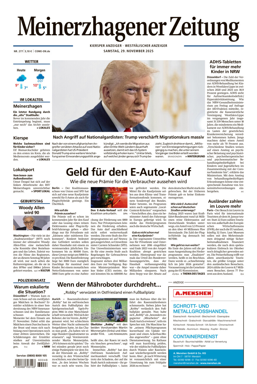 Meinerzhagener Zeitung vom Samstag, 29.11.2025