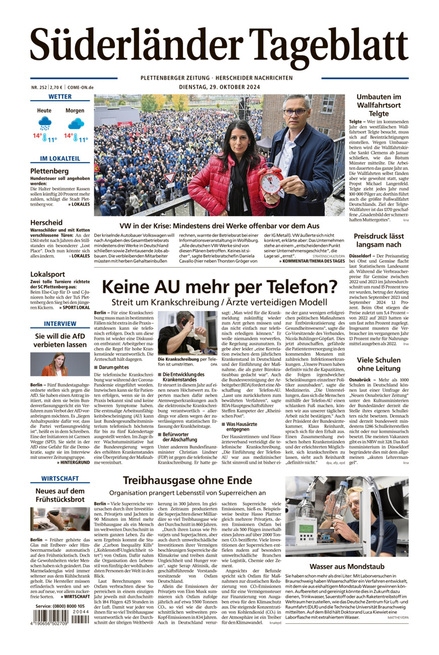 Süderländer Tageblatt vom Dienstag, 29.10.2024