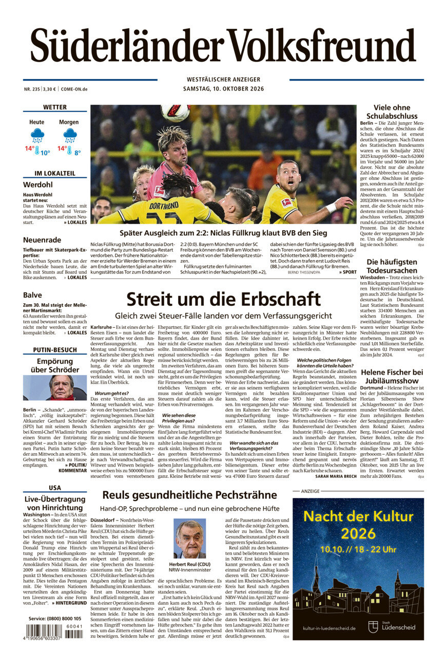 Süderländer Volksfreund vom Samstag, 10.10.2026