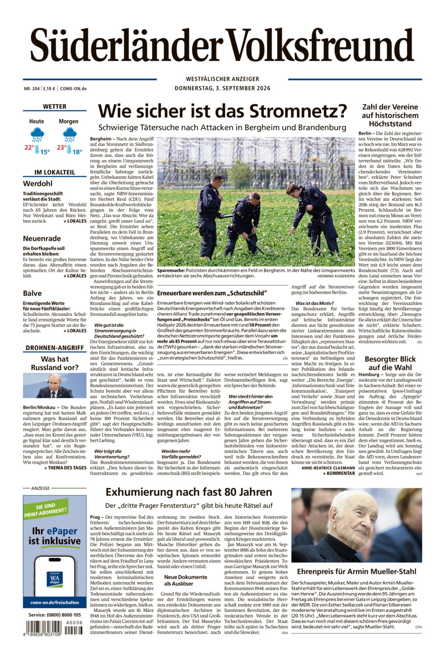 Süderländer Volksfreund vom Donnerstag, 03.09.2026