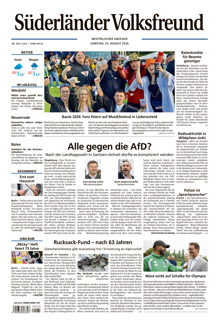 Süderländer Volksfreund vom Samstag, 29.08.2026