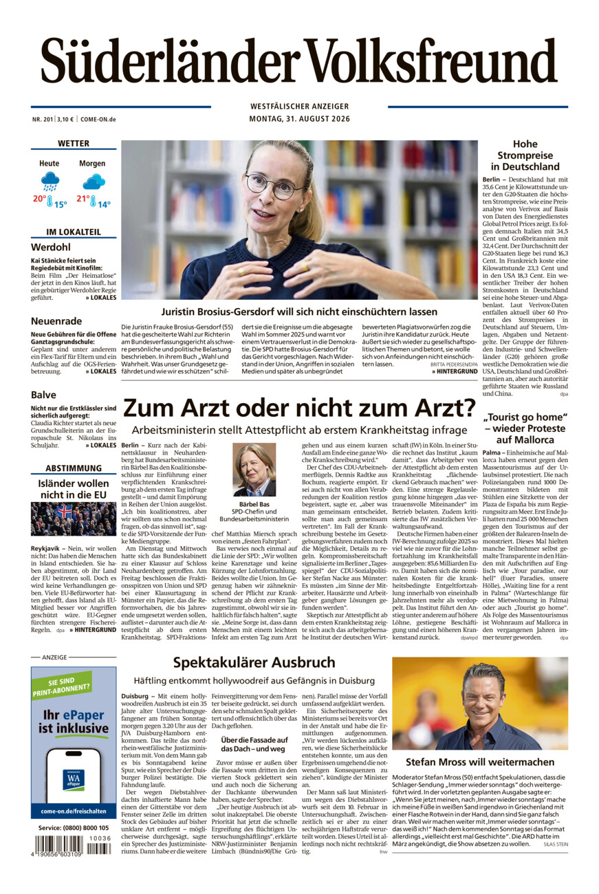 Süderländer Volksfreund vom Montag, 31.08.2026