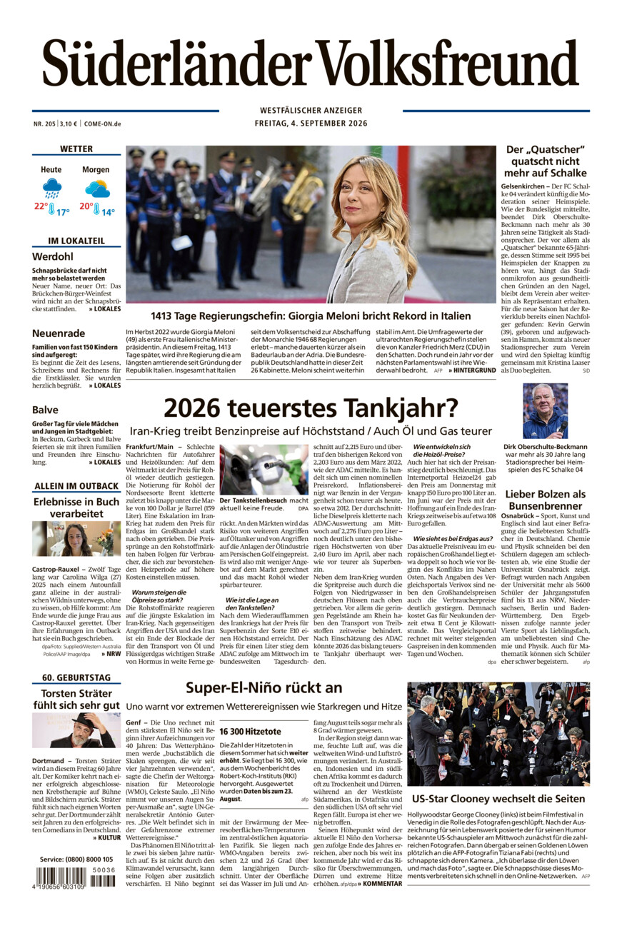 Süderländer Volksfreund vom Freitag, 04.09.2026
