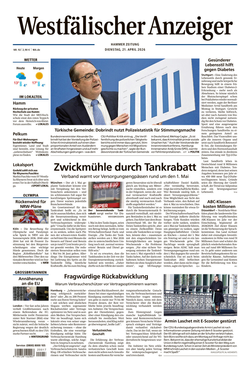 Westfälischer Anzeiger Hamm vom Dienstag, 21.04.2026