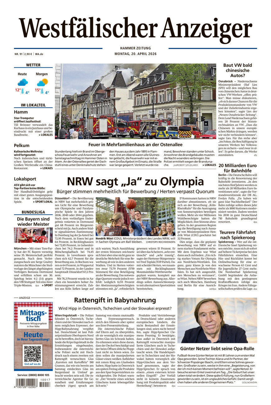 Westfälischer Anzeiger Hamm vom Montag, 20.04.2026