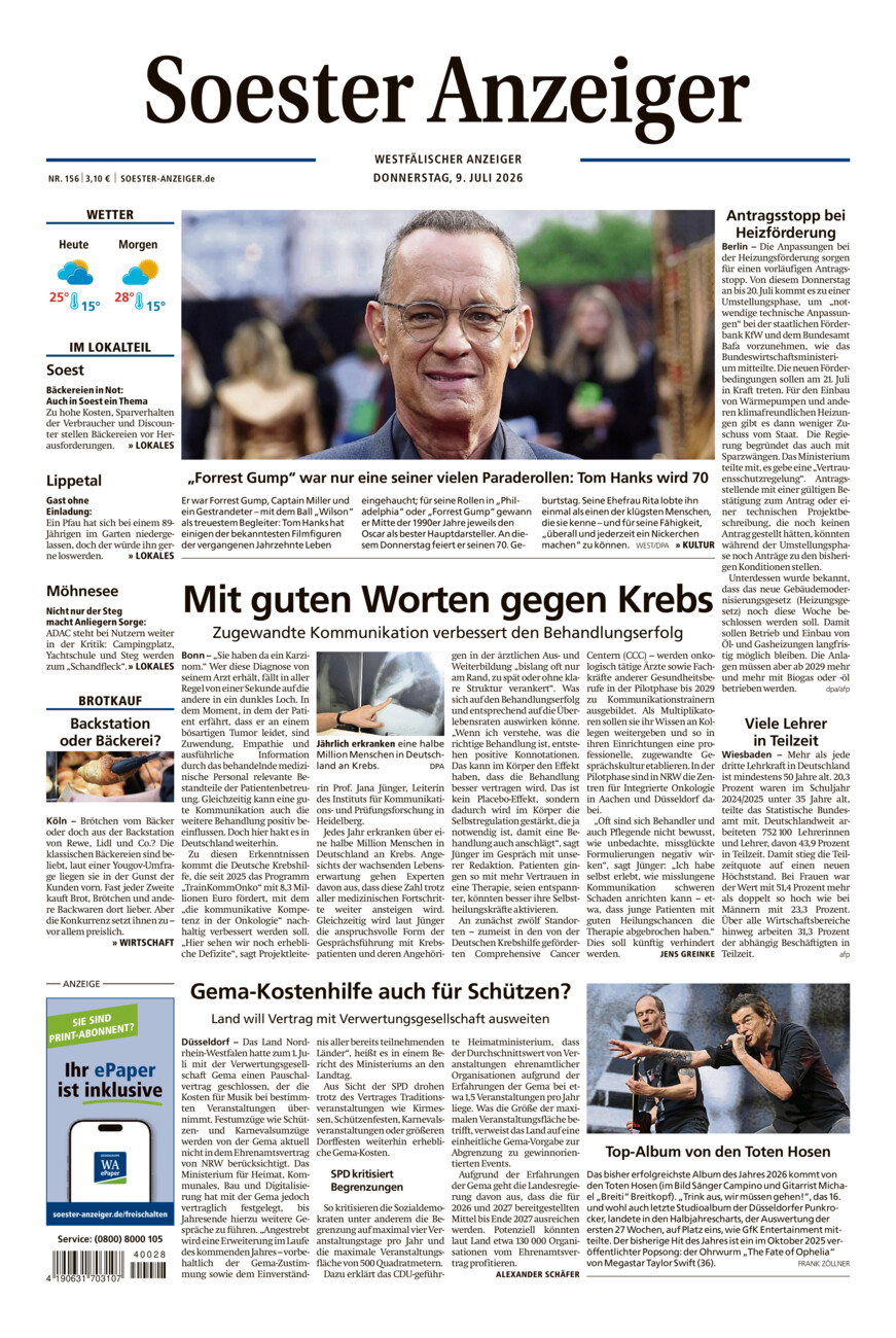Soester Anzeiger vom Donnerstag, 09.07.2026