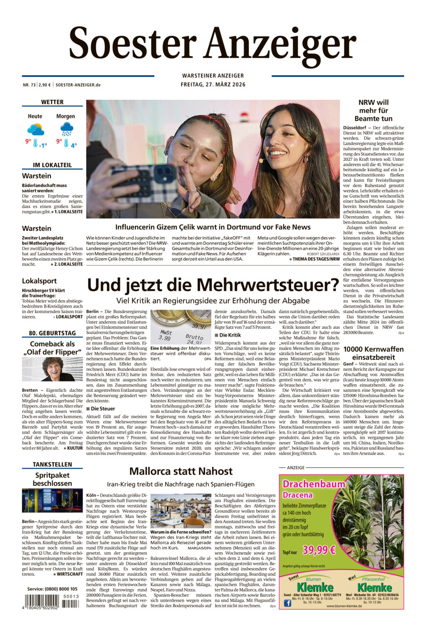 Soester Anzeiger Warstein vom Freitag, 27.03.2026