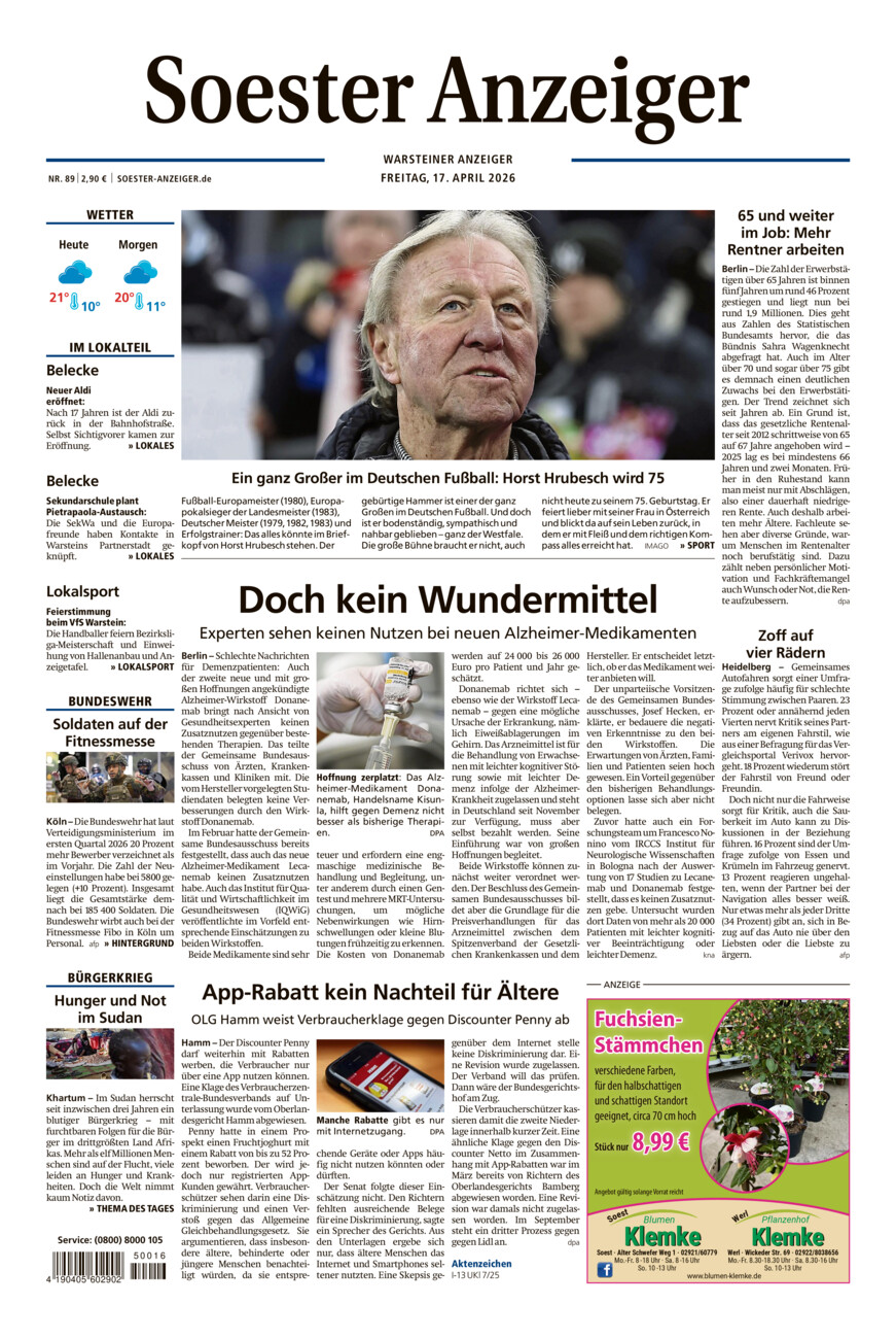 Soester Anzeiger Warstein vom Freitag, 17.04.2026