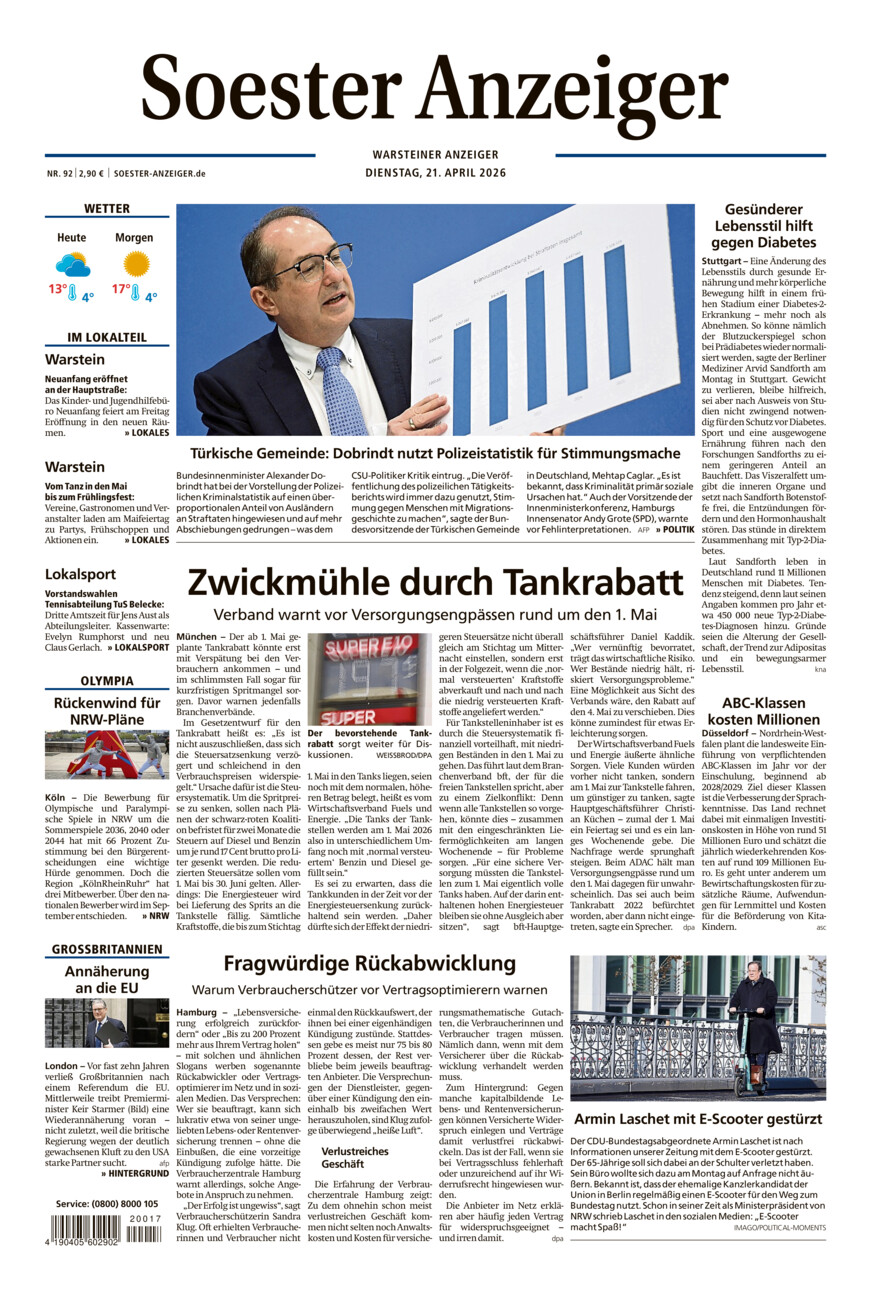 Soester Anzeiger Warstein vom Dienstag, 21.04.2026