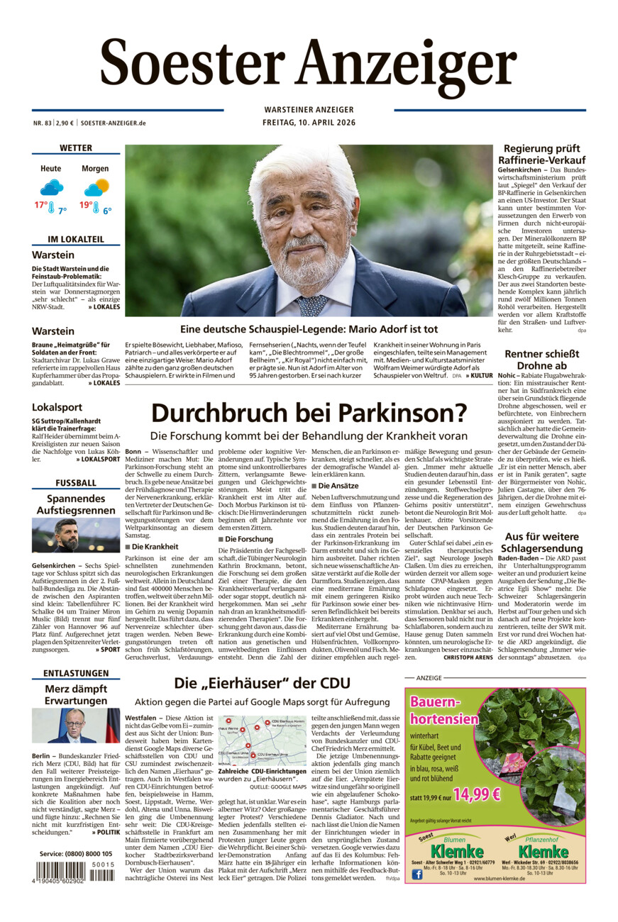 Soester Anzeiger Warstein vom Freitag, 10.04.2026