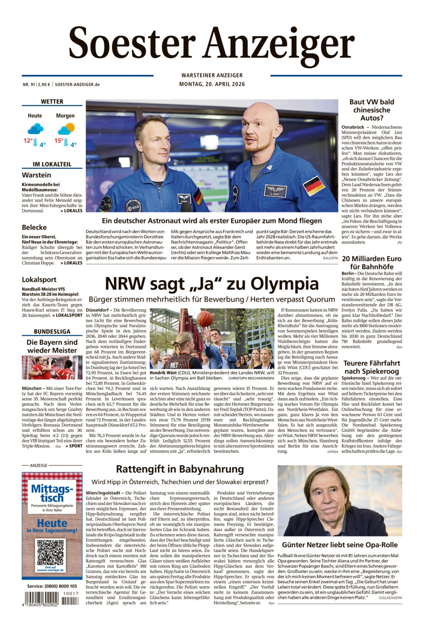 Soester Anzeiger Warstein vom Montag, 20.04.2026