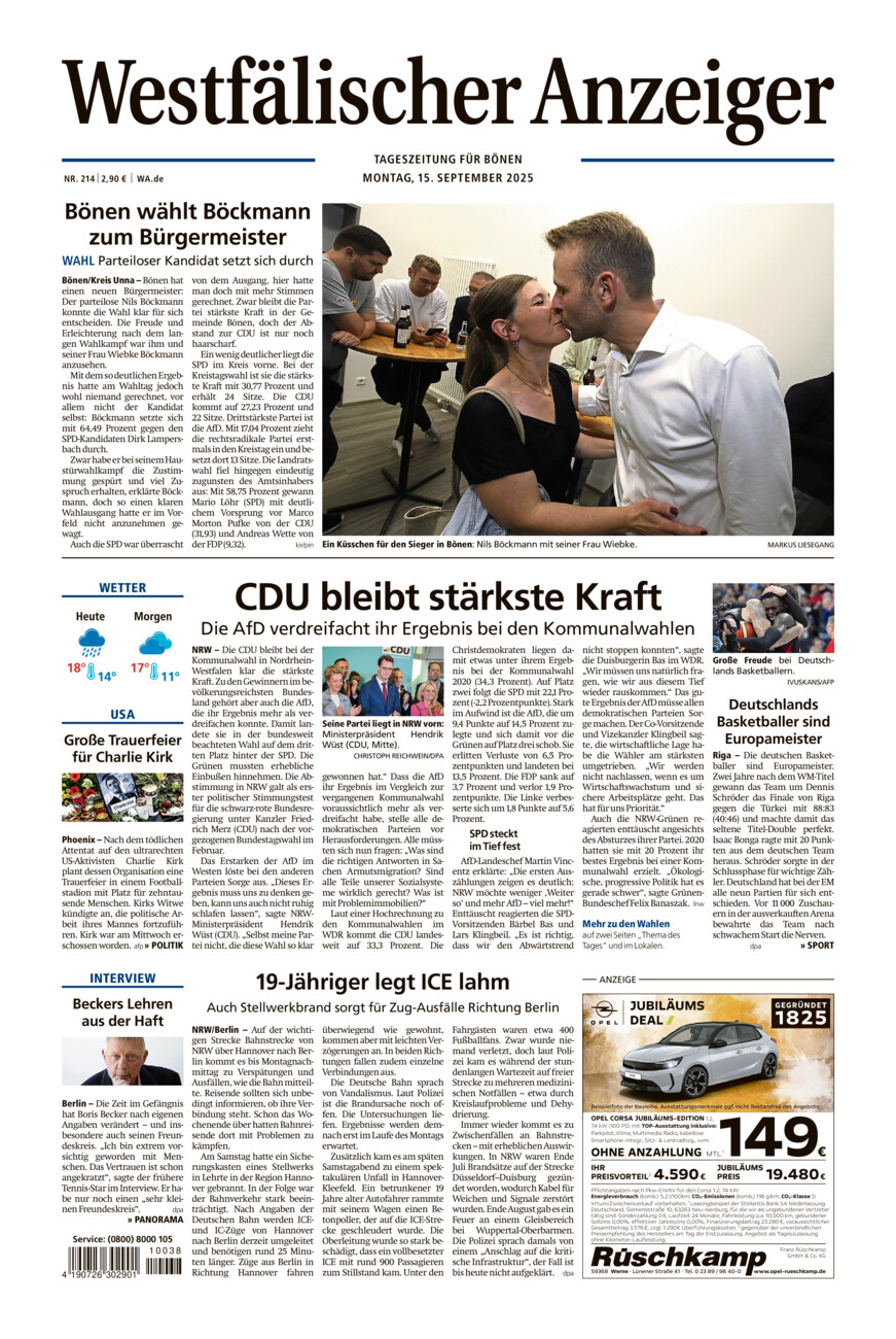 Westfälischer Anzeiger Bönen vom Montag, 15.09.2025