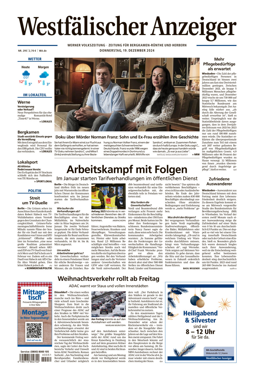 Westfälischer Anzeiger Werne vom Donnerstag, 19.12.2024