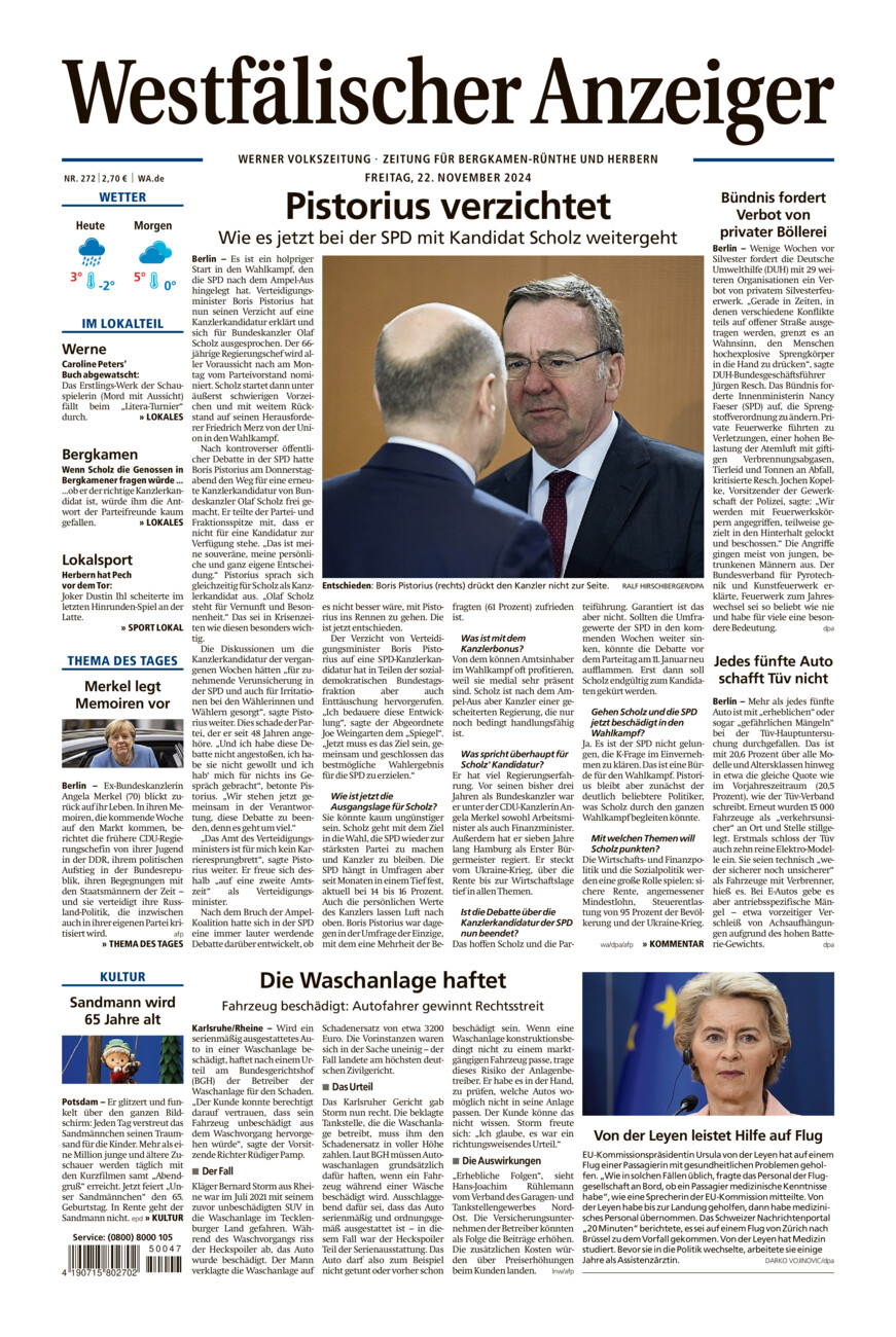 Westfälischer Anzeiger Werne vom Freitag, 22.11.2024