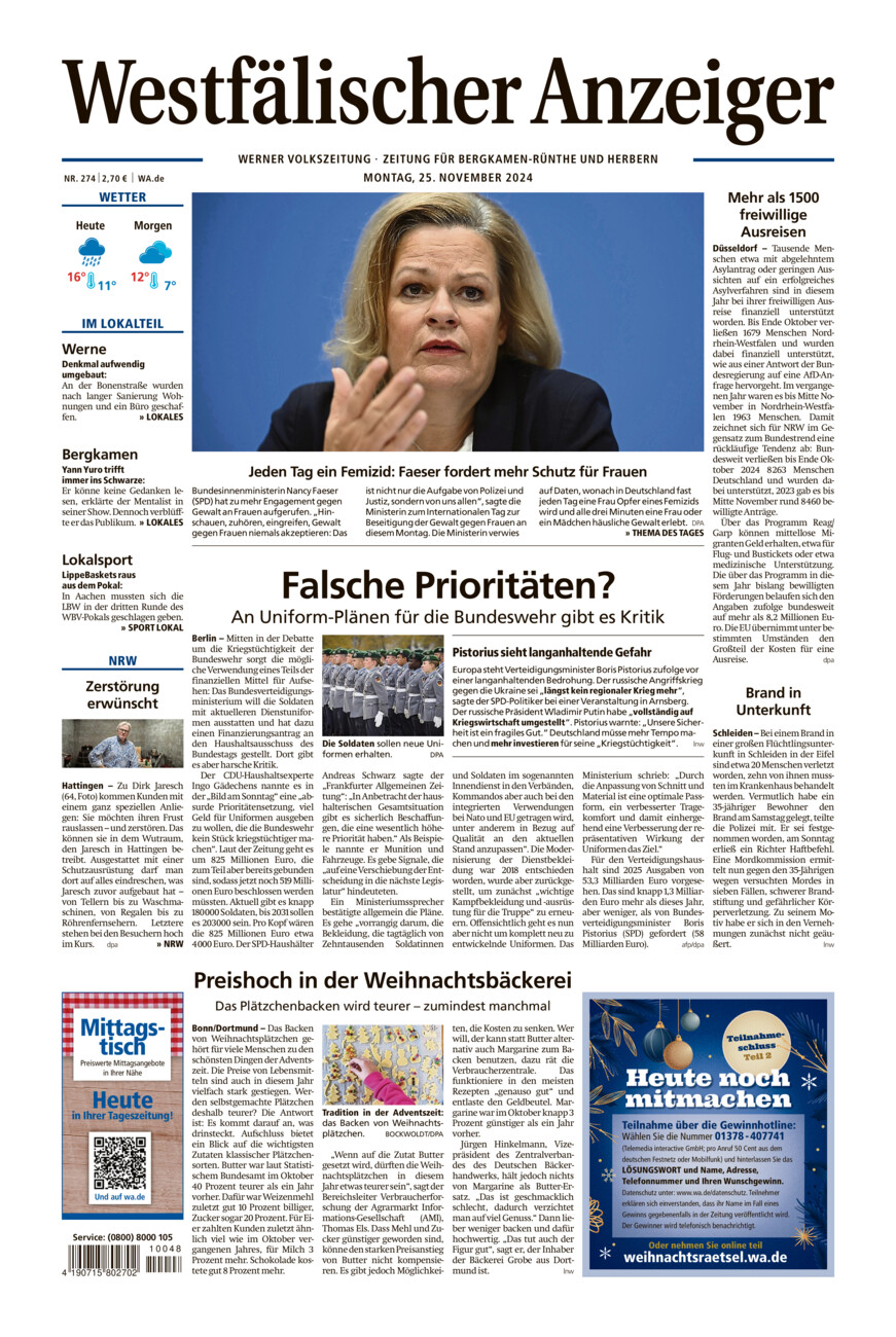 Westfälischer Anzeiger Werne vom Montag, 25.11.2024