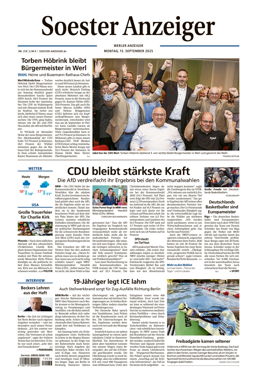 Soester Anzeiger Werl vom Montag, 15.09.2025