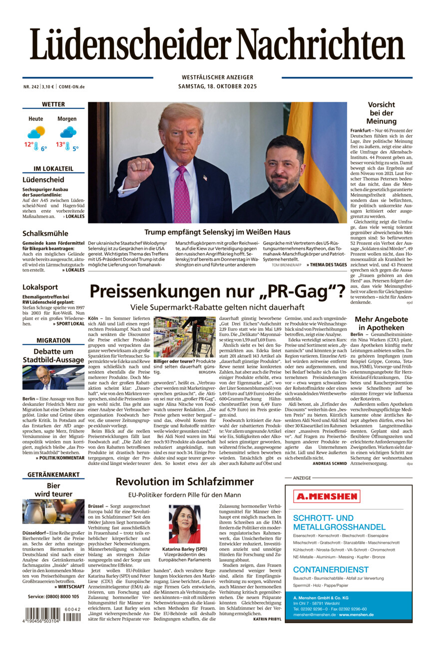 Lüdenscheider Nachrichten vom Samstag, 18.10.2025