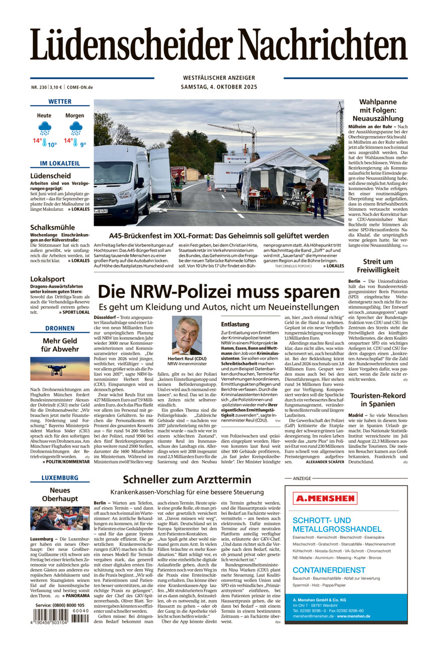 Lüdenscheider Nachrichten vom Samstag, 04.10.2025