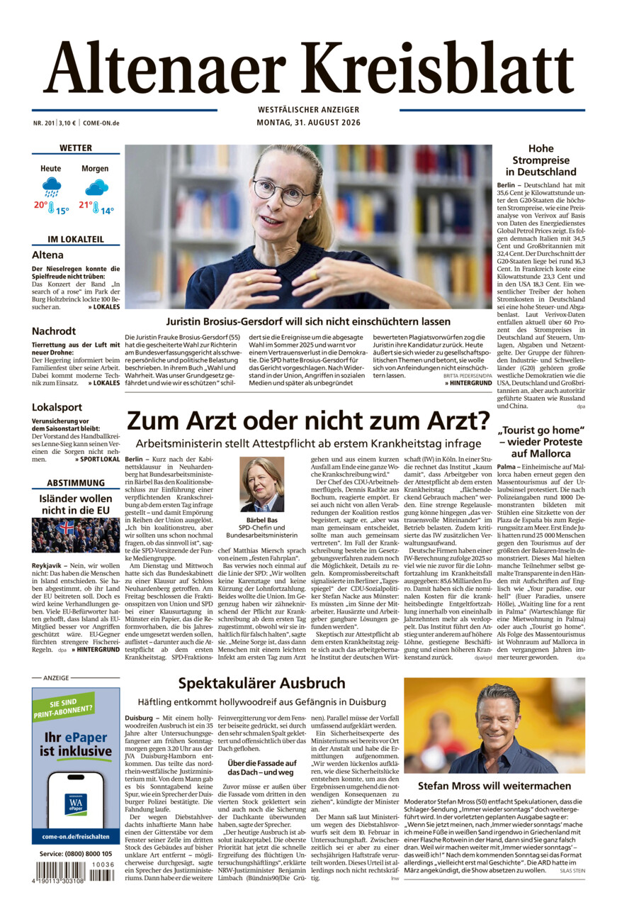 Altenaer Kreisblatt vom Montag, 31.08.2026