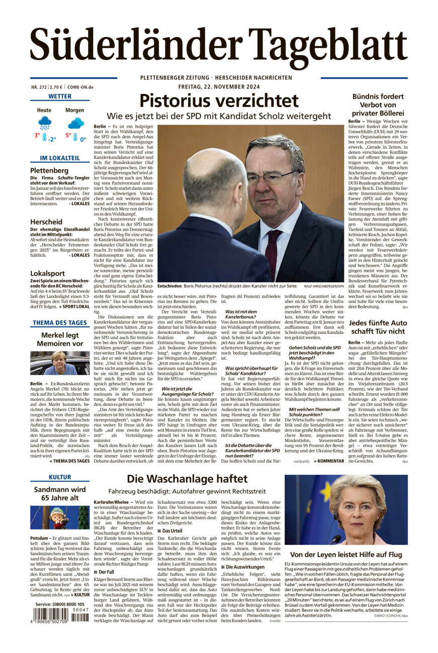 Süderländer Tageblatt vom Freitag, 22.11.2024