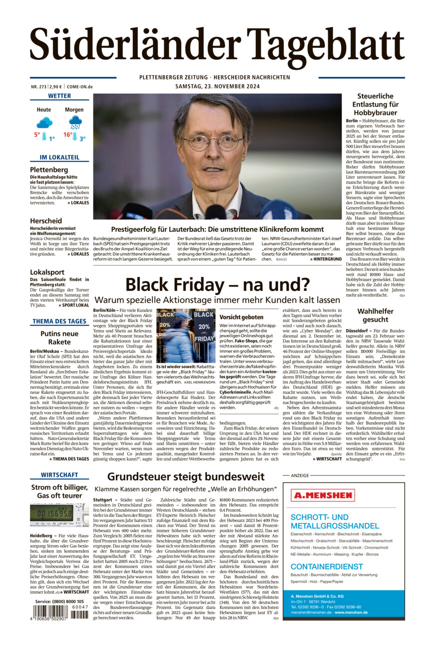 Süderländer Tageblatt vom Samstag, 23.11.2024