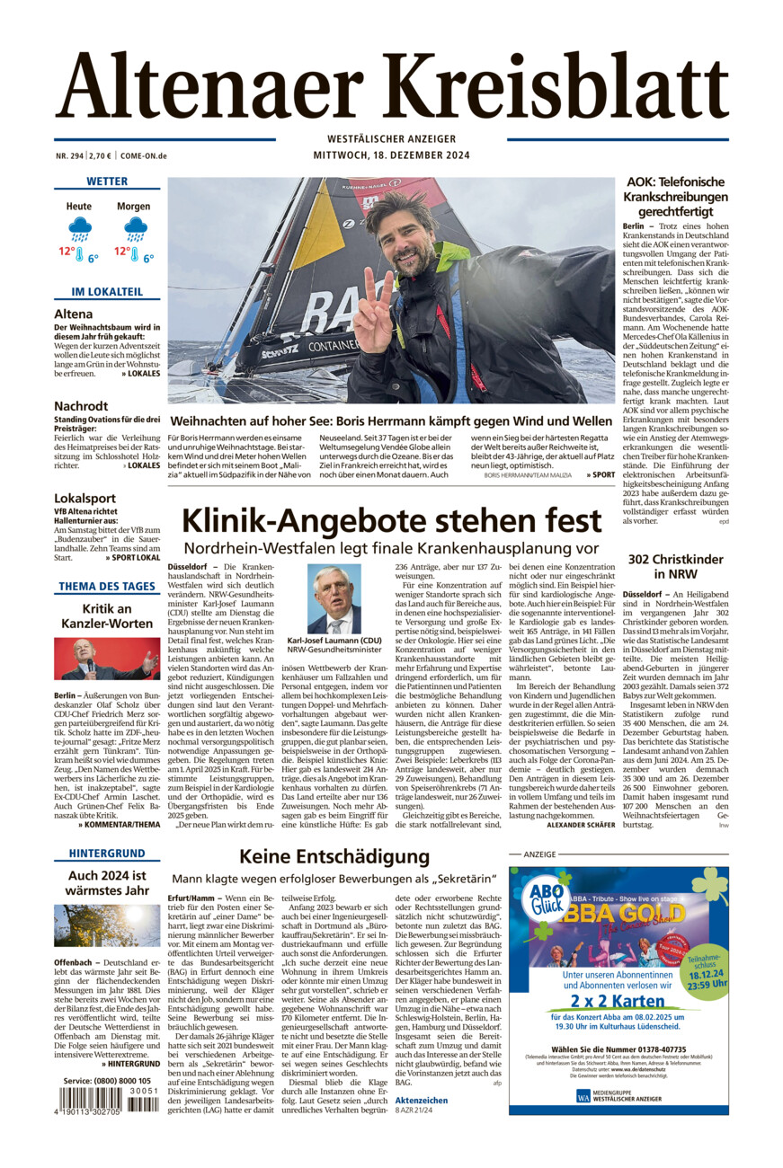 Altenaer Kreisblatt vom Mittwoch, 18.12.2024