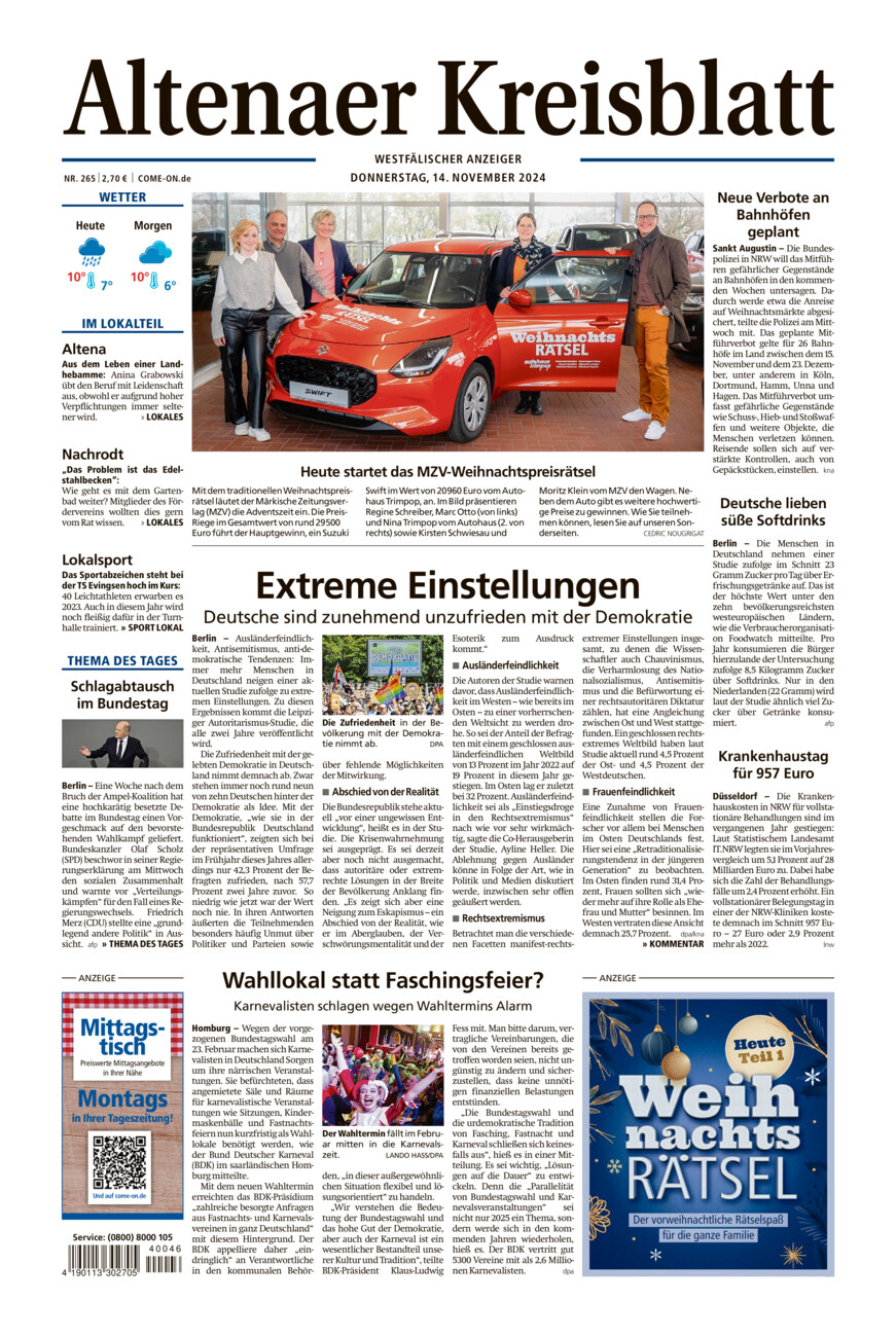 Altenaer Kreisblatt vom Donnerstag, 14.11.2024