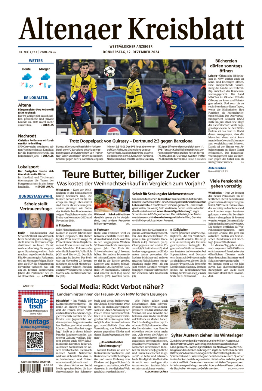 Altenaer Kreisblatt vom Donnerstag, 12.12.2024