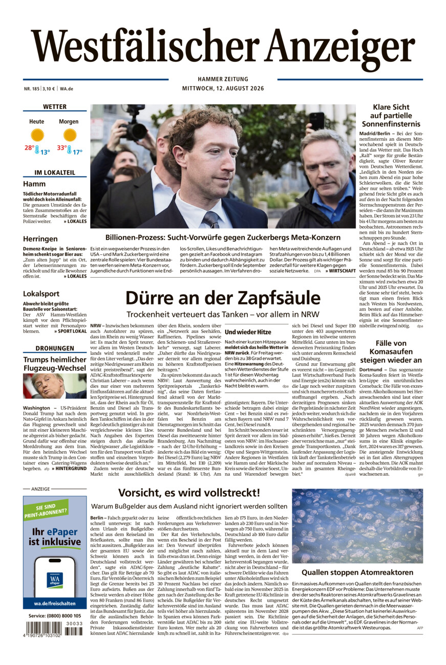 Westfälischer Anzeiger Hamm vom Mittwoch, 12.08.2026