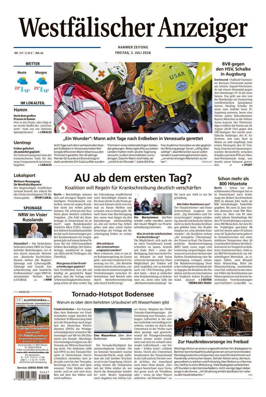 Westfälischer Anzeiger Hamm vom Freitag, 03.07.2026