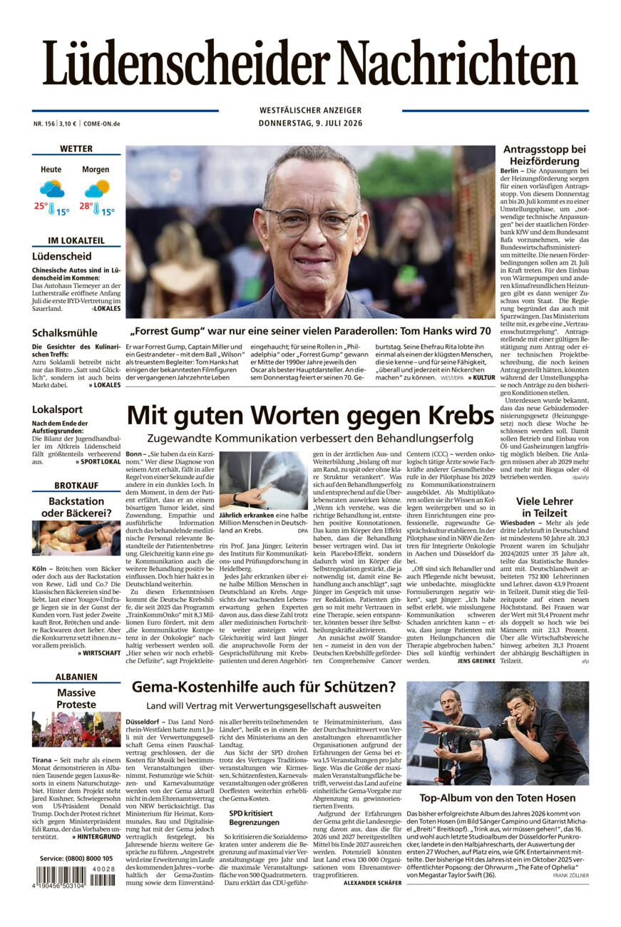 Lüdenscheider Nachrichten vom Donnerstag, 09.07.2026