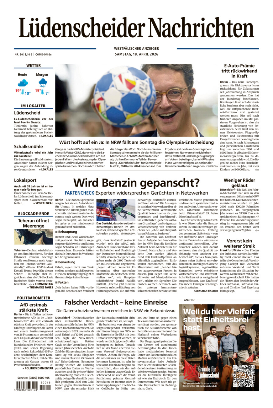 Lüdenscheider Nachrichten vom Samstag, 18.04.2026