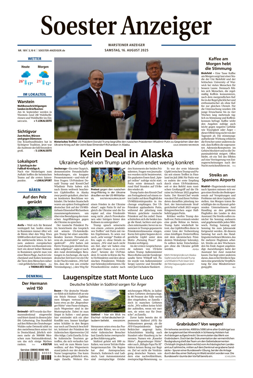 Soester Anzeiger Warstein vom Samstag, 16.08.2025