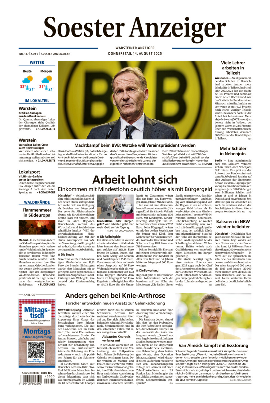 Soester Anzeiger Warstein vom Donnerstag, 14.08.2025