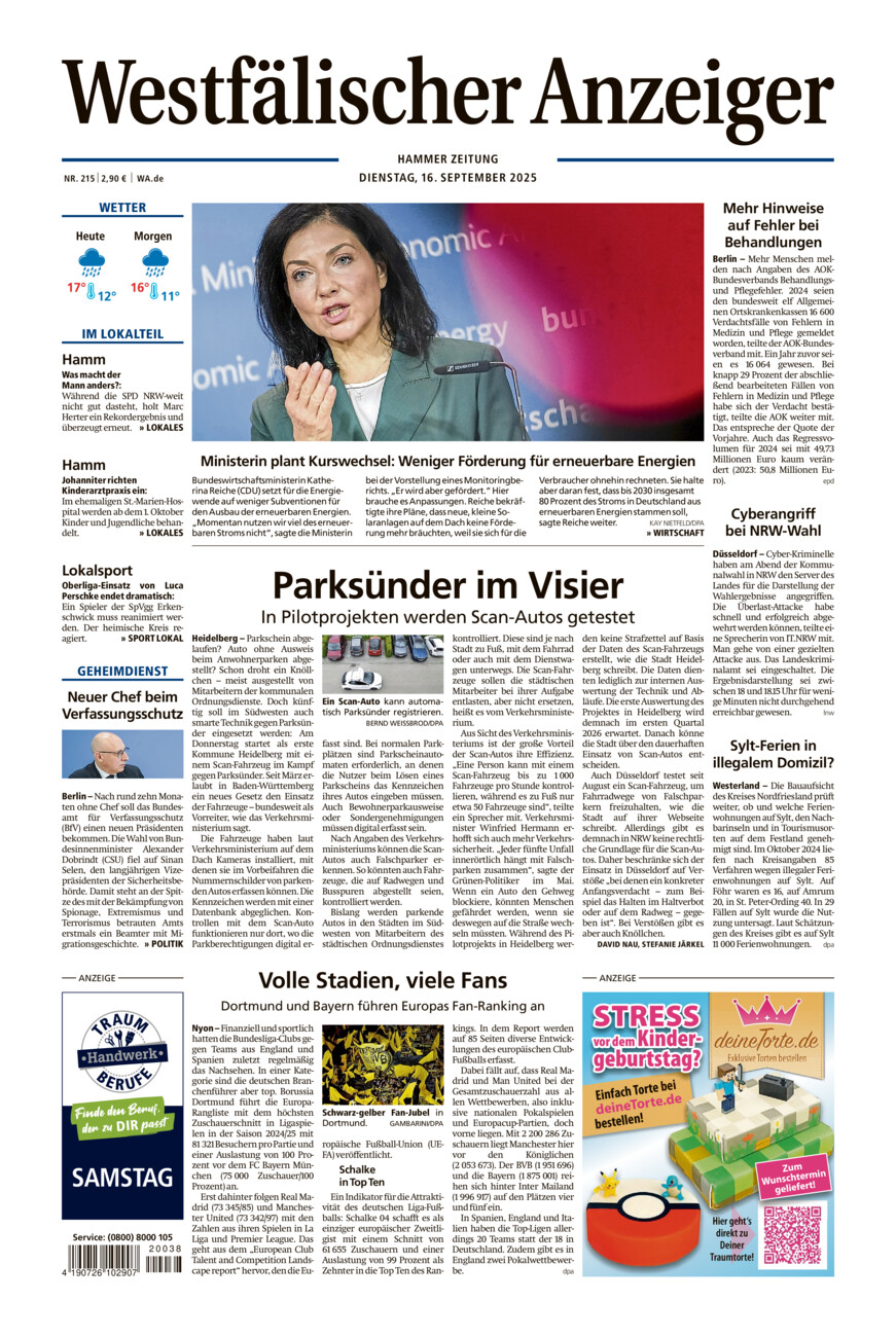 Westfälischer Anzeiger Hamm vom Dienstag, 16.09.2025