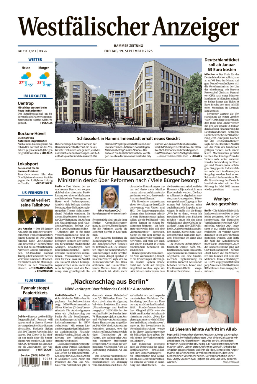 Westfälischer Anzeiger Hamm vom Freitag, 19.09.2025