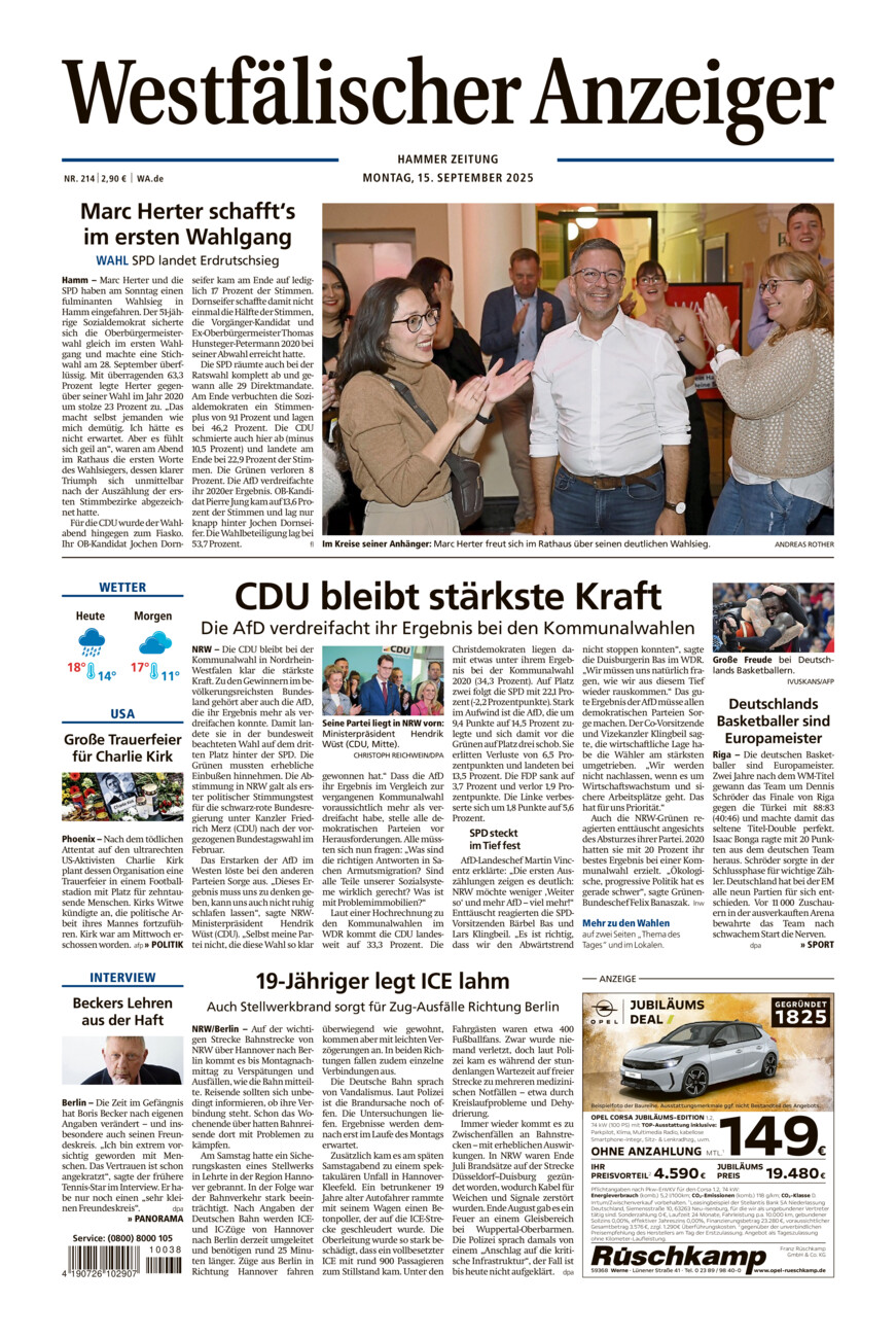 Westfälischer Anzeiger Hamm vom Montag, 15.09.2025