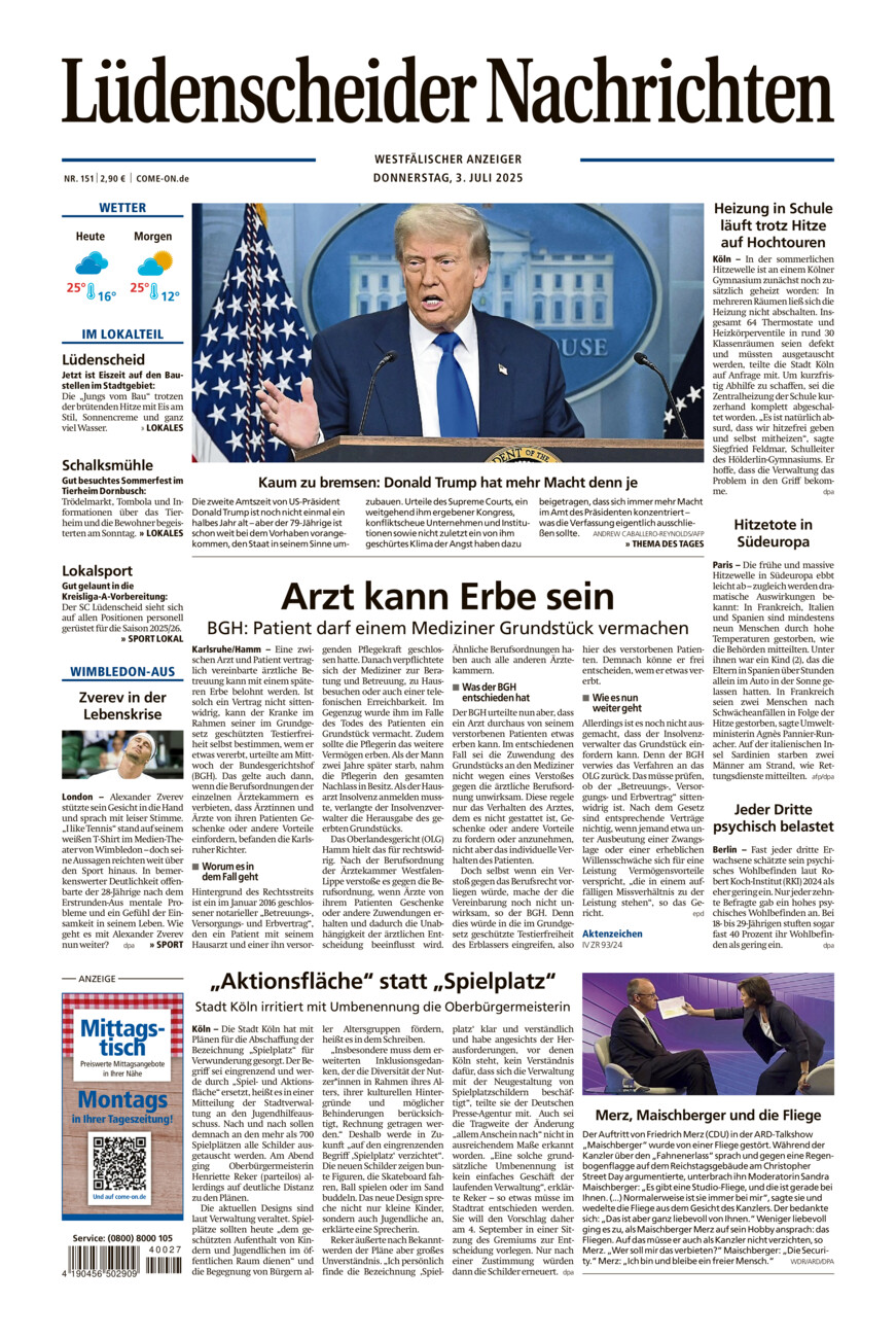 Lüdenscheider Nachrichten vom Donnerstag, 03.07.2025