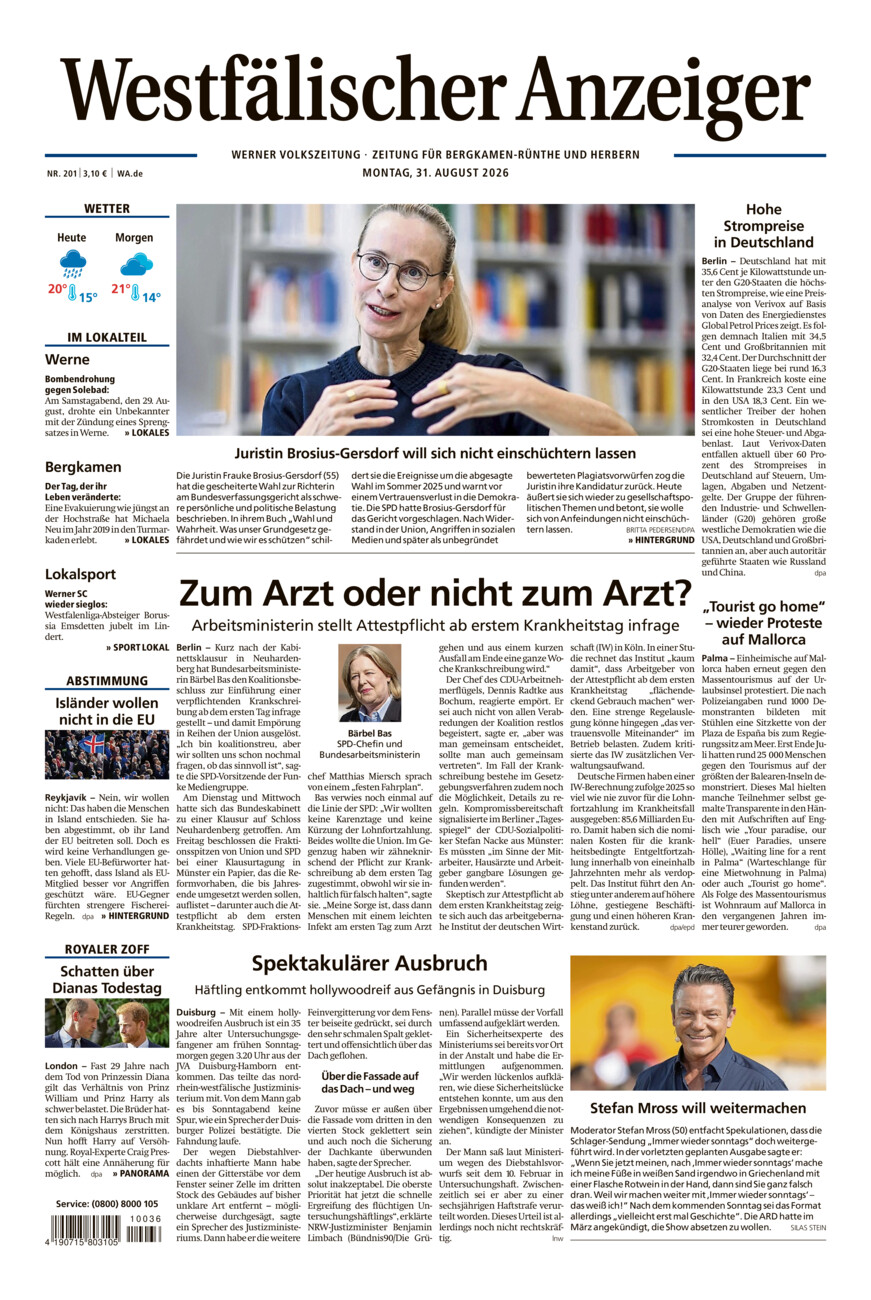 Westfälischer Anzeiger Werne vom Montag, 31.08.2026