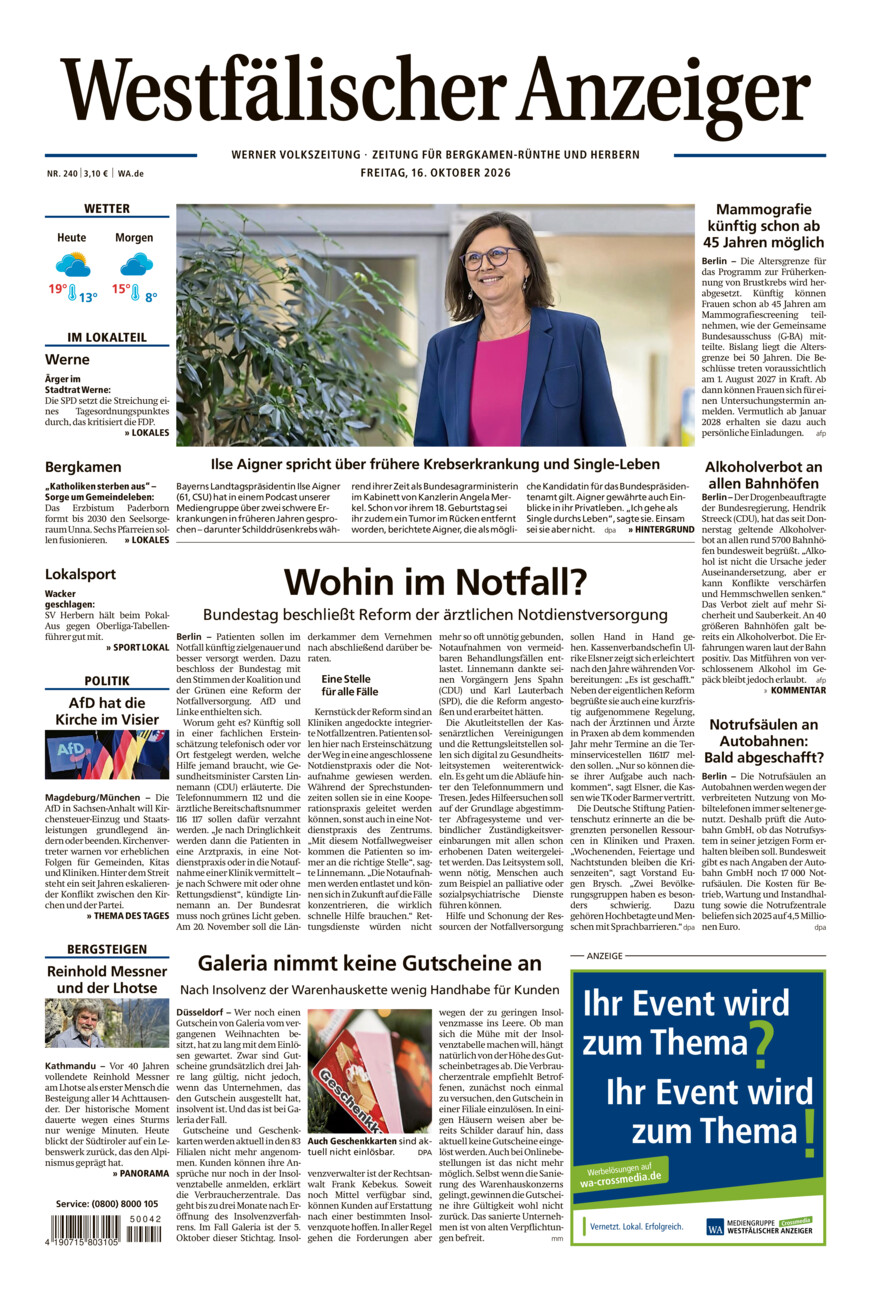 Westfälischer Anzeiger Werne vom Freitag, 16.10.2026