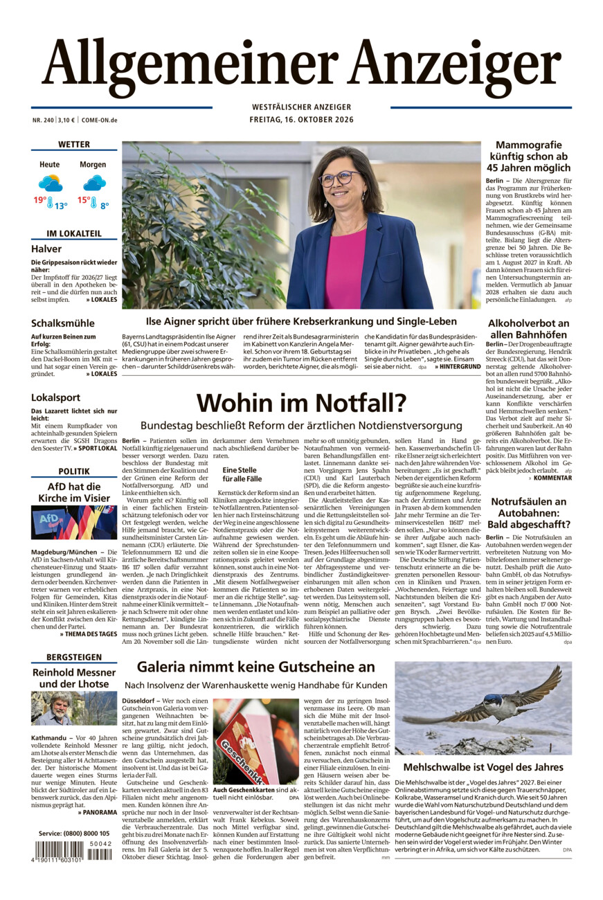 Allgemeiner Anzeiger vom Freitag, 16.10.2026