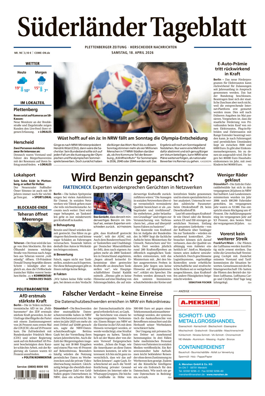 Süderländer Tageblatt vom Samstag, 18.04.2026