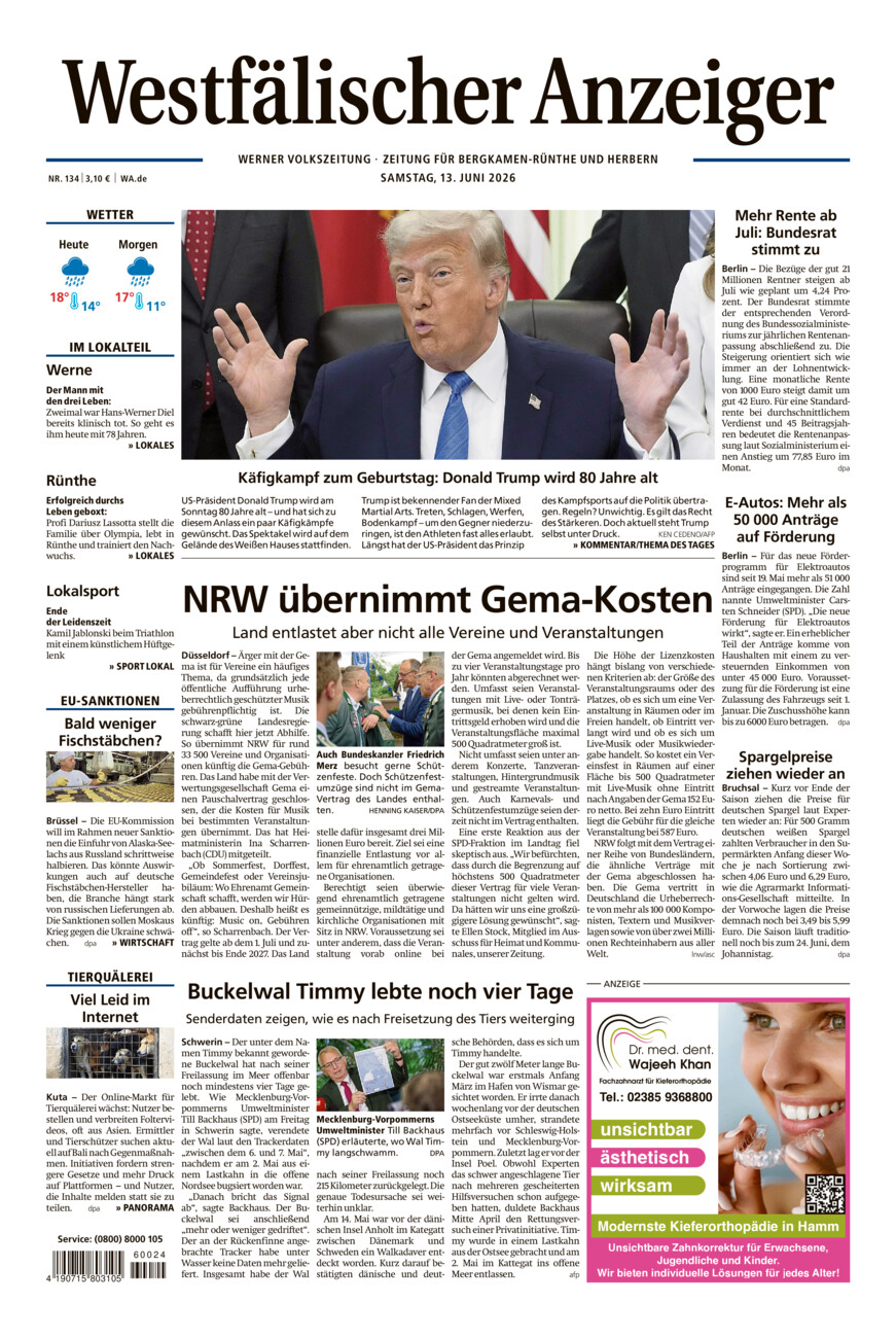 Westfälischer Anzeiger Werne vom Samstag, 13.06.2026