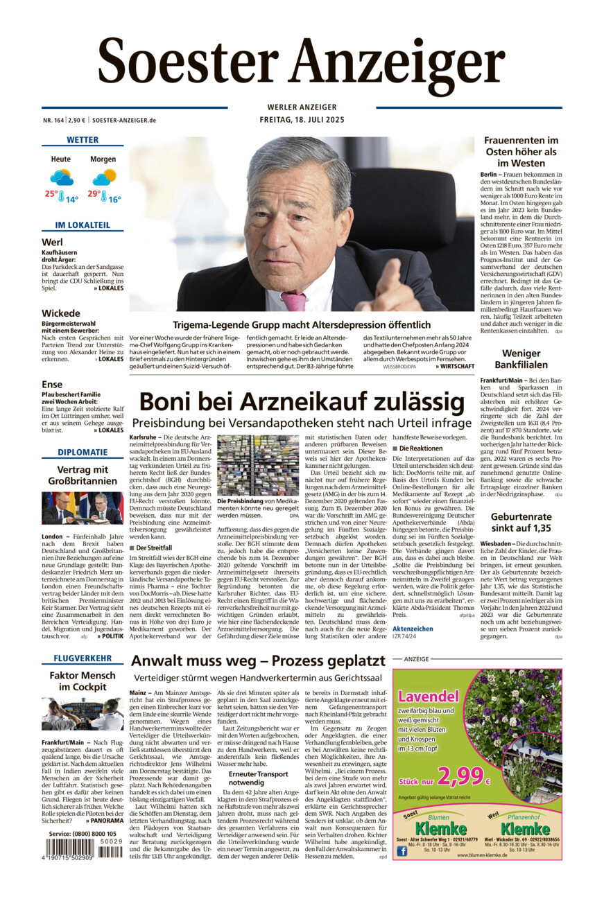 Soester Anzeiger Werl vom Freitag, 18.07.2025