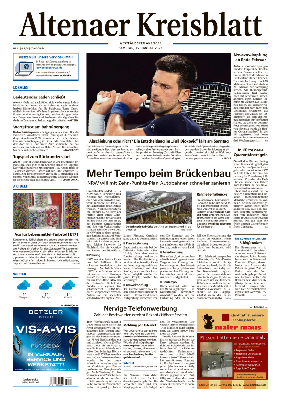 Altenaer Kreisblatt vom Samstag, 15.01.2022
