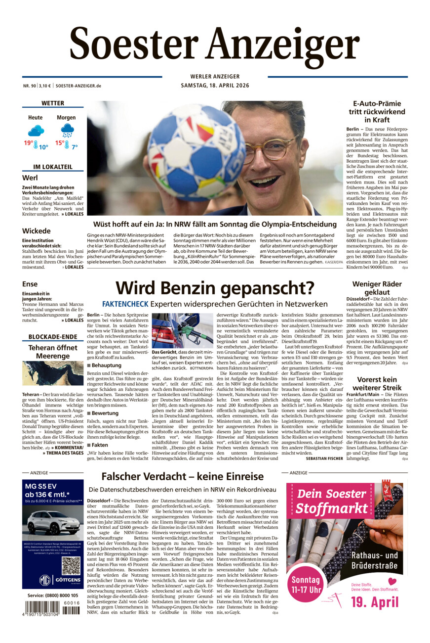 Soester Anzeiger Werl vom Samstag, 18.04.2026