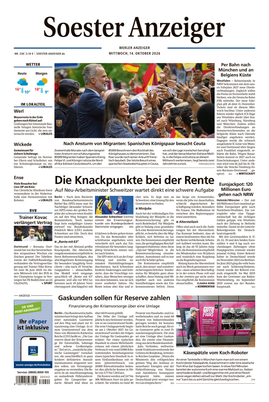 Soester Anzeiger Werl vom Mittwoch, 14.10.2026