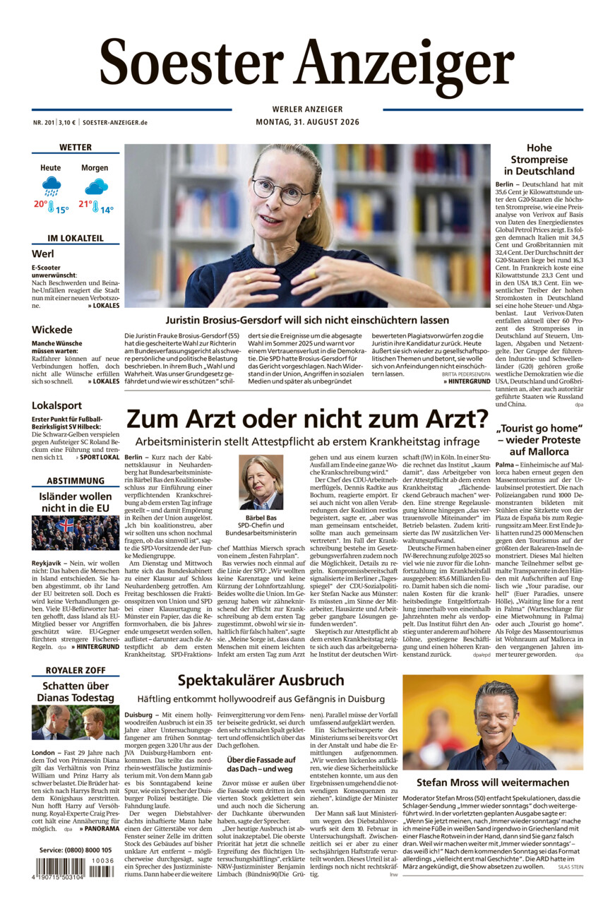 Soester Anzeiger Werl vom Montag, 31.08.2026